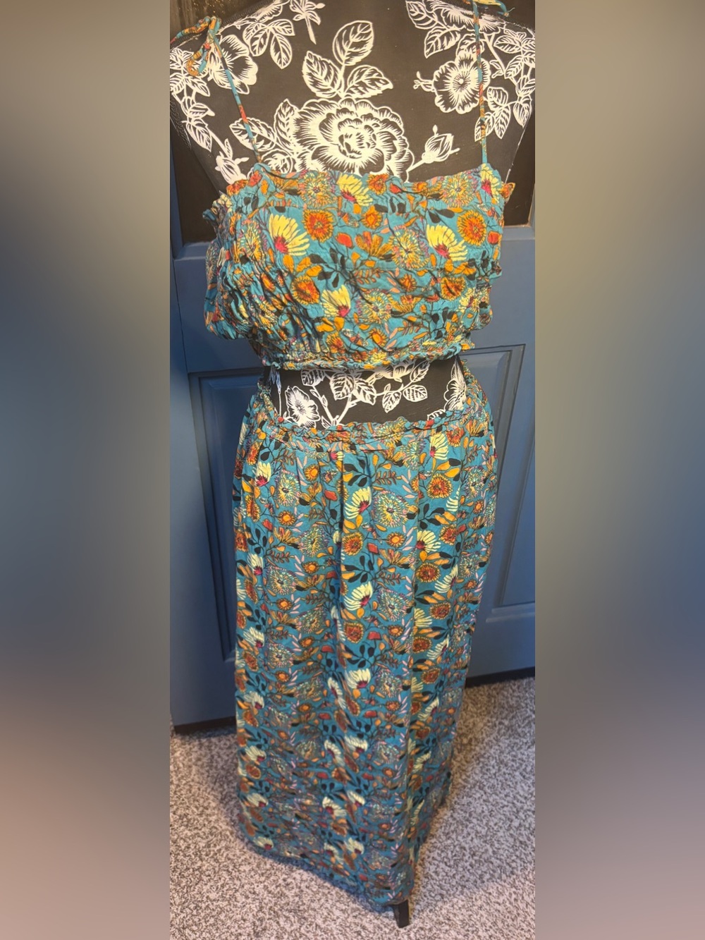 NATURAL LIFE Teal Floral Maxi Skirt *SET* with Orange and Yellow Accents